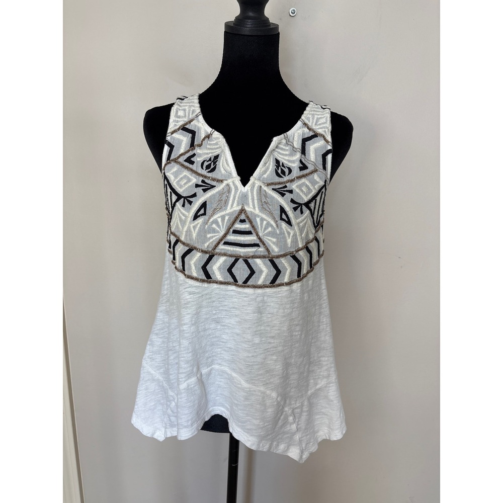 A'Reve Anthropologie White Cotton Embroidered Beaded Boho Tank Slub Knit Small